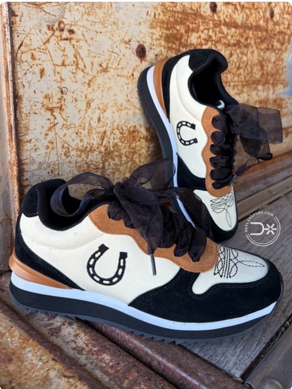 Kids Casual Lace-Up Sneakers in Black, Cream & Tan